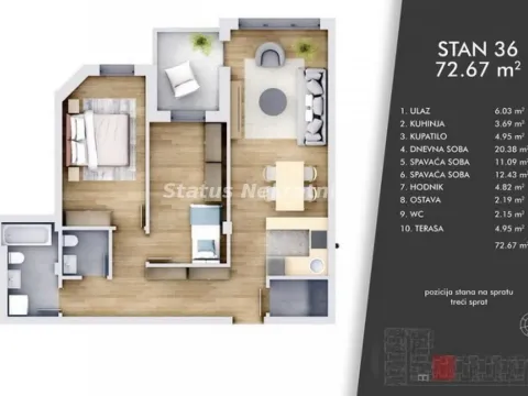 Sale, three bedroom apartment, 73m², Centar, Novi Sad