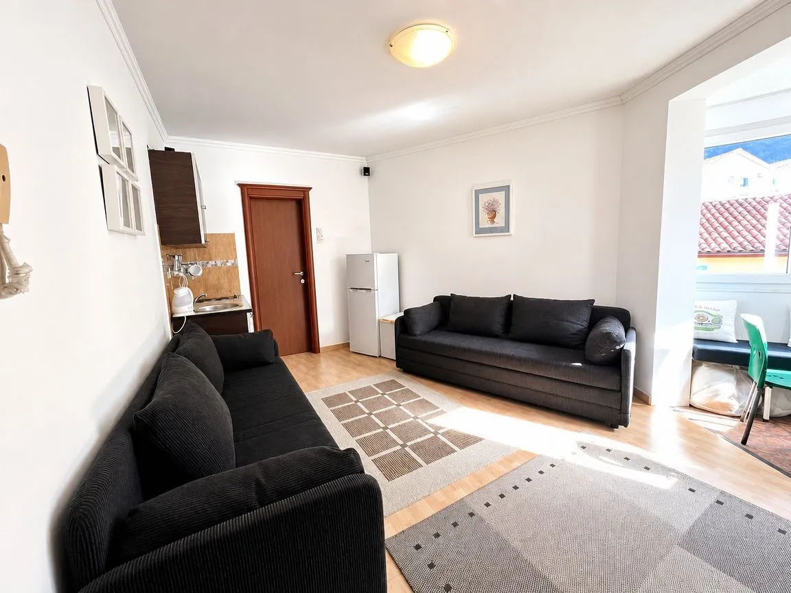 Living room with two dark sofas, a small corner kitchen, and access to the terrace.