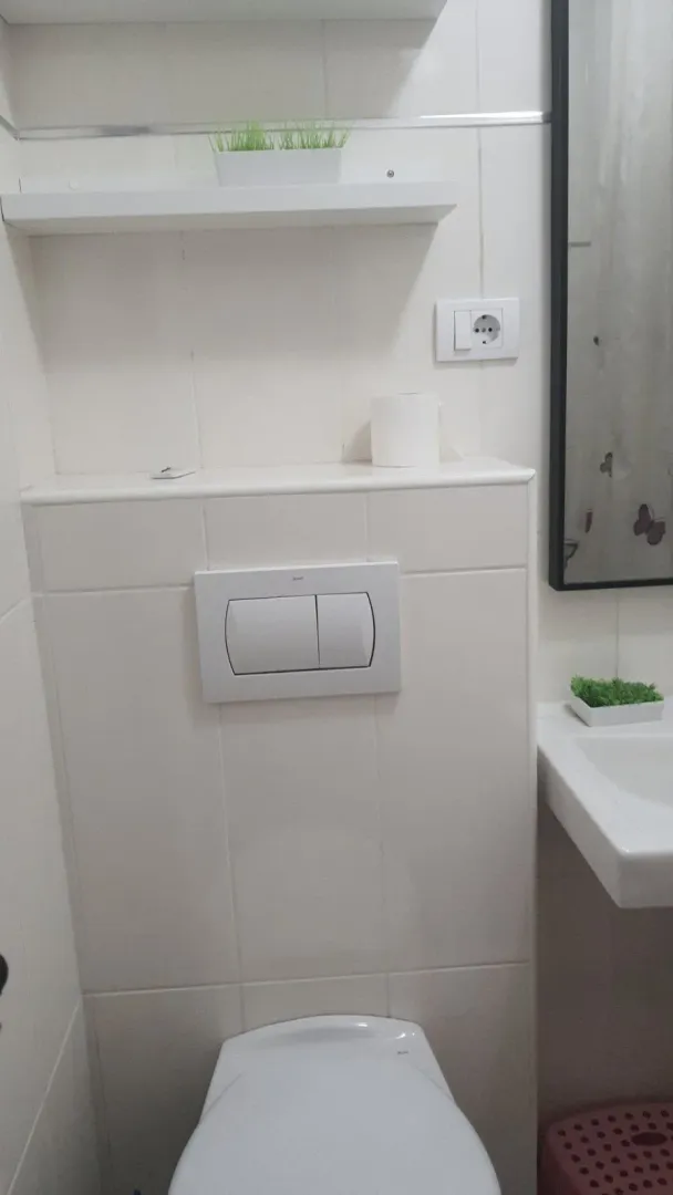 Bright bathroom with a built-in toilet tank and white tiles.