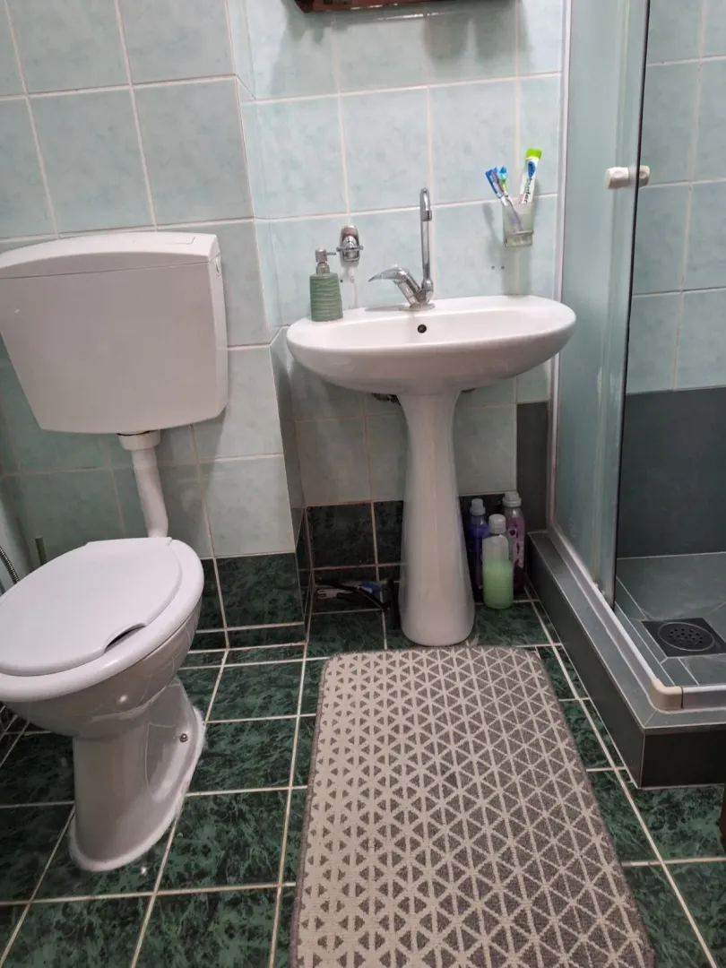 Manje kupatilo sa umivaonikom, šoljom i tuš kabinom.