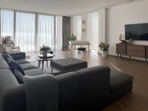 Spacious living room with a large sofa, white piano, and large windows. - image 30