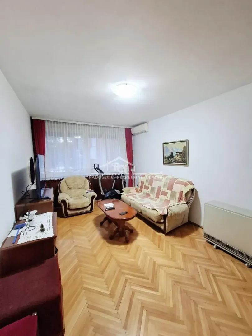 Dnevna soba sa garniturom, foteljom, drvenim parketom i televizorom.
