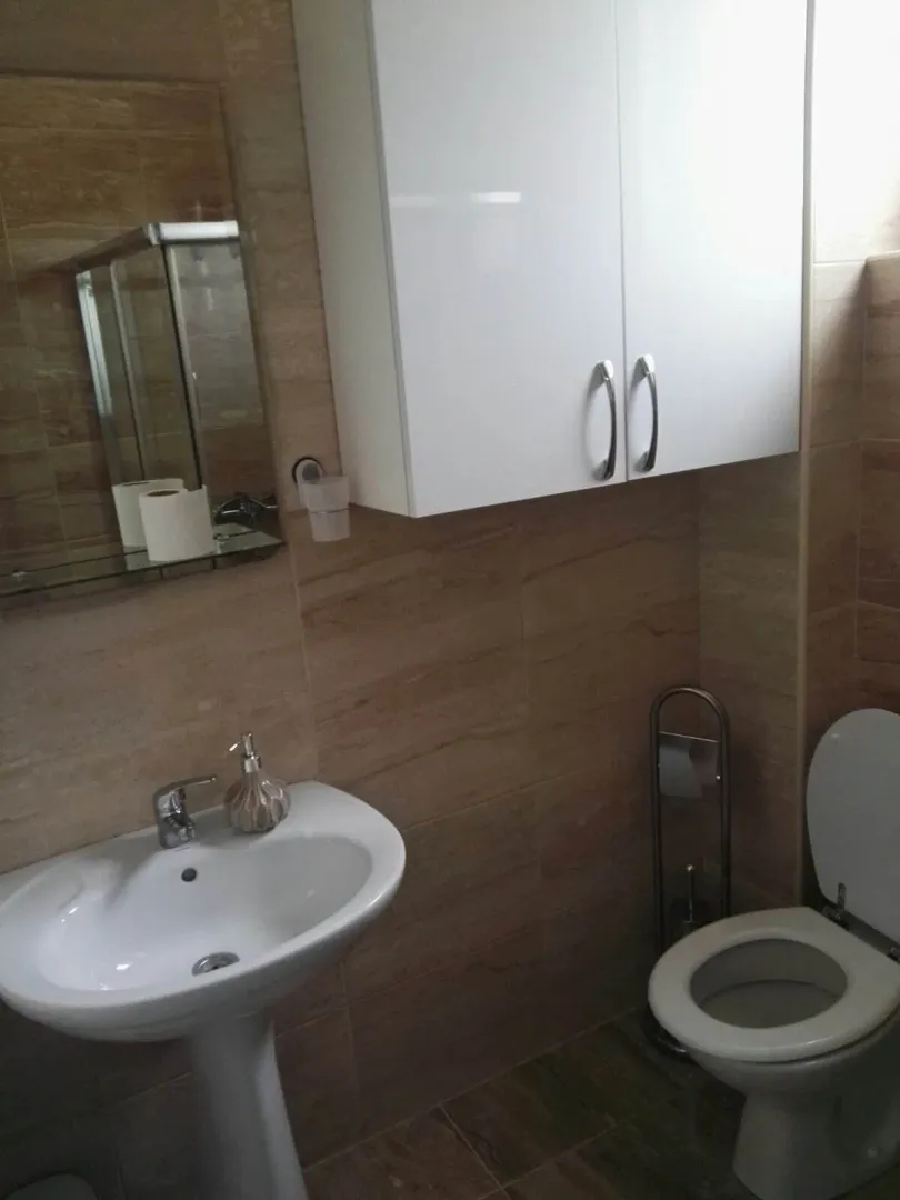 Manje kupatilo sa umivaonikom, ogledalom, toaletom i bijelim zidnim elementom.