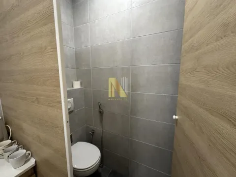 Smaller bathroom with grey wall tiles and a built-in toilet bowl. - image 20