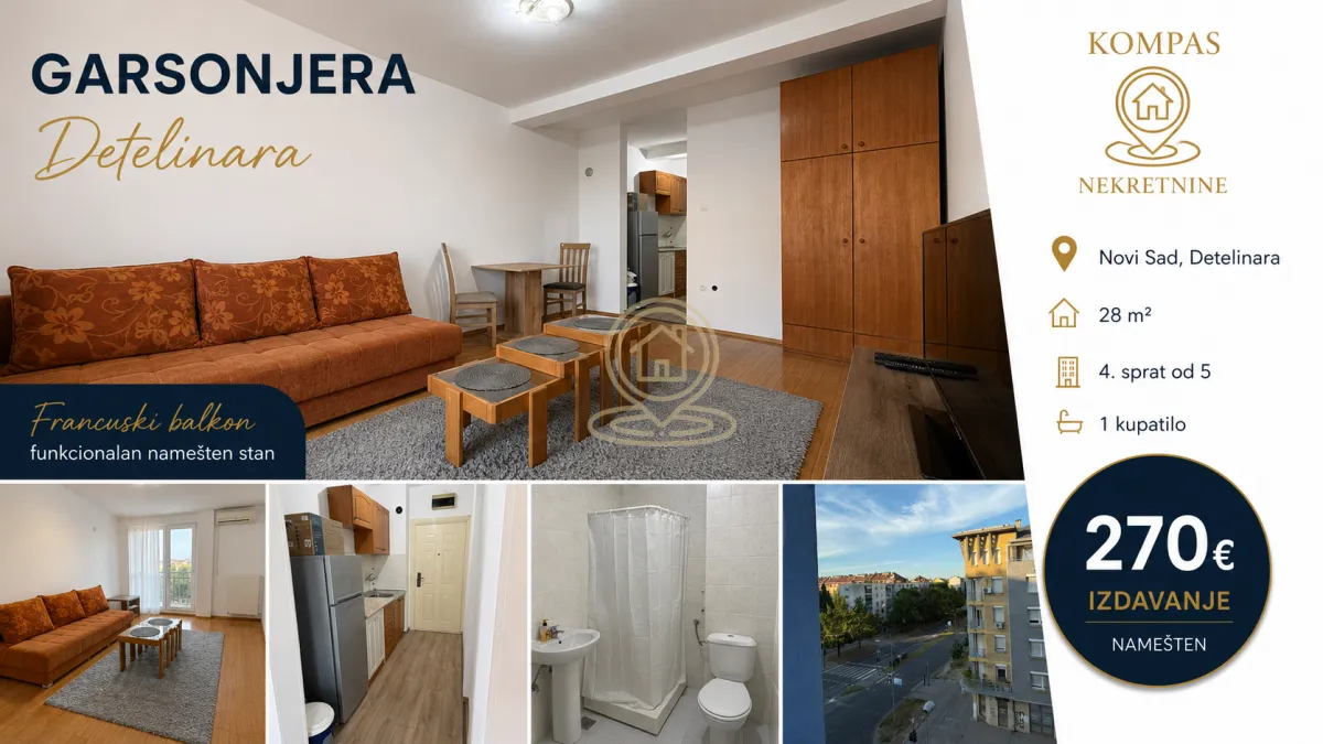Izdavanje, jednosoban stan, 28m², Detelinara, Novi Sad Sve Podlokacije