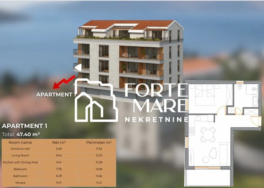 Prodaja, jednosoban stan, 47m², Kumbor, Herceg Novi
