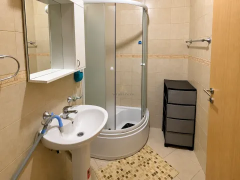 Kupatilo opremljeno umivaonikom, tuš kabinom i zidnim ormarićem sa ogledalom. - image 7