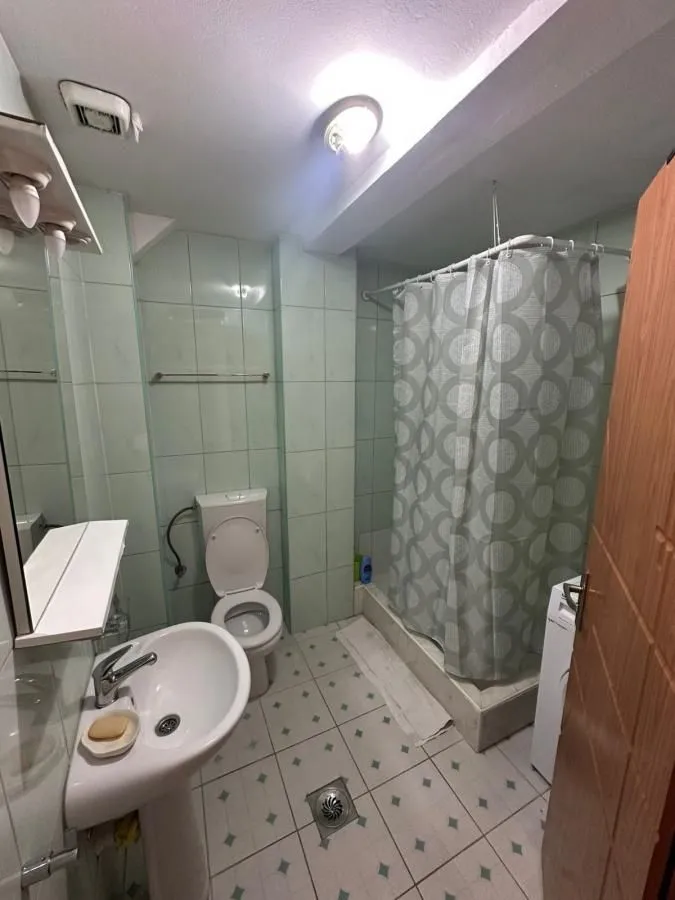 Kupatilo opremljeno umivaonikom, WC šoljom i tuš kabinom sa zavesom.