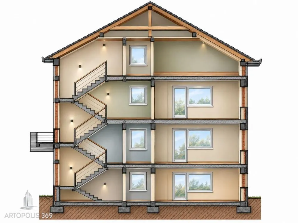 Cross-section of a three-story house with stairs and windows.