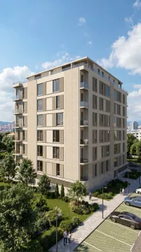 Spoljašnji izgled moderne stambene zgrade sa uređenim dvorištem i parkingom. - image 3