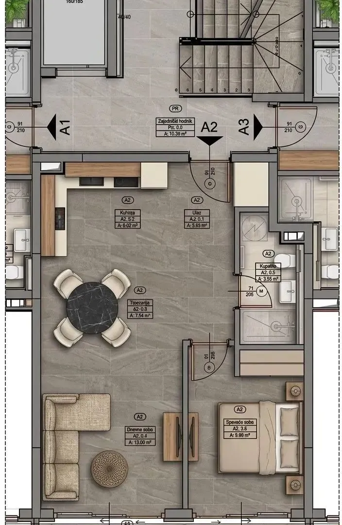 Architectural floor plan and interior layout of the apartment with furniture.