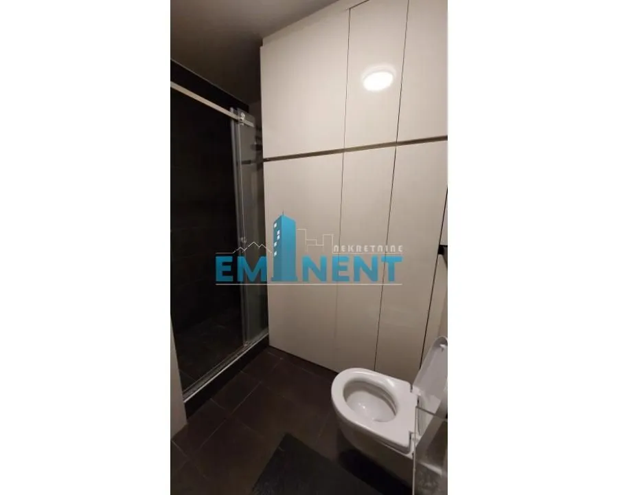 Modernly equipped bathroom with a walk-in shower and built-in cabinets.