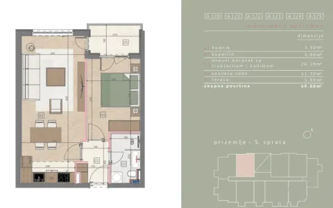 Osnova jednosobnog apartmana sa rasporedom prostorija i dimenzijama. - image 3