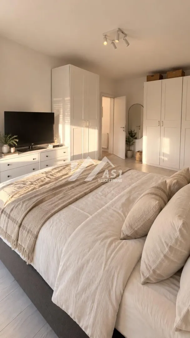 Spacious bedroom with a double bed, wardrobes, and a TV.