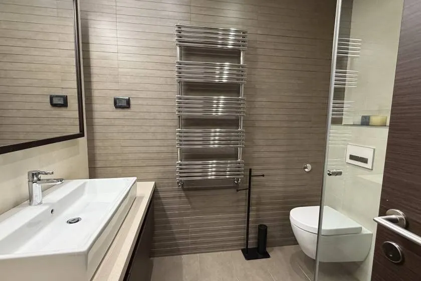 Modernly equipped bathroom with a washbasin, toilet bowl, and towel radiator.