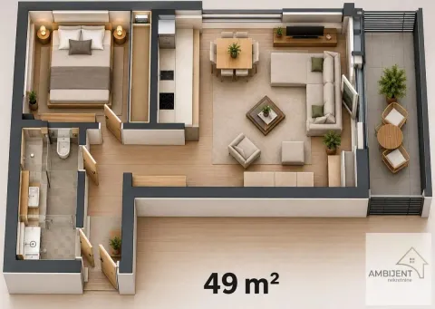 Trodimenzionalni tlocrt nameštenog stana površine 49 kvadratnih metara. - image 7