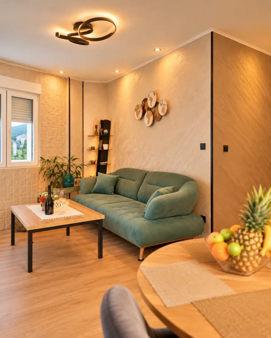 Modern living room with a green sofa and a wooden coffee table.