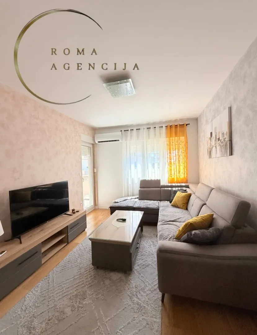 Furnished living room with a sofa and television.