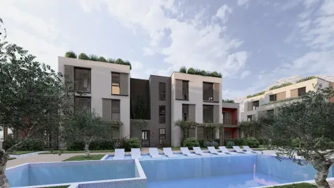Spoljašnji izgled moderne stambene zgrade sa bazenom i ležaljkama. - image 2