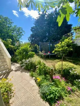 Green yard with a pathway, lawn, and a trampoline. - image 2