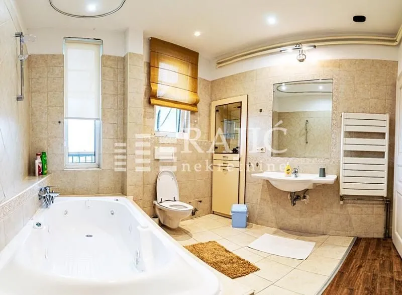 Spacious bathroom with a bathtub, shower, washbasin, and toilet.