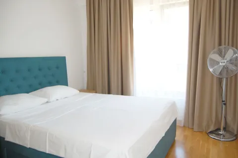 Bright bedroom with a double bed, curtains, and a fan. - image 10