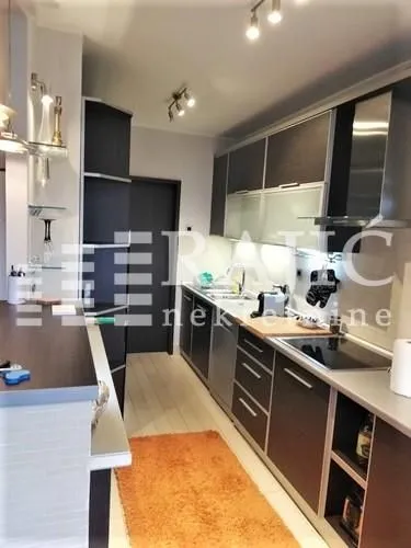 Modern kitchen with dark cabinetry and built-in appliances.