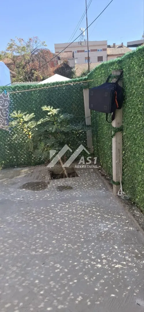 Manje dvorište sa betonskom podlogom i drvetom smokve ograđeno zelenom ogradom.