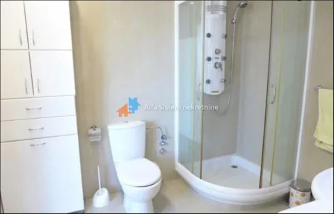 Bathroom with a shower cabin, toilet, and white cabinet. - image 3