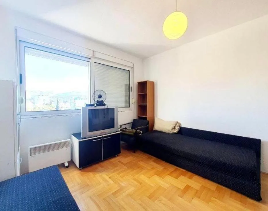 Living room with a sofa, television, and parquet flooring.