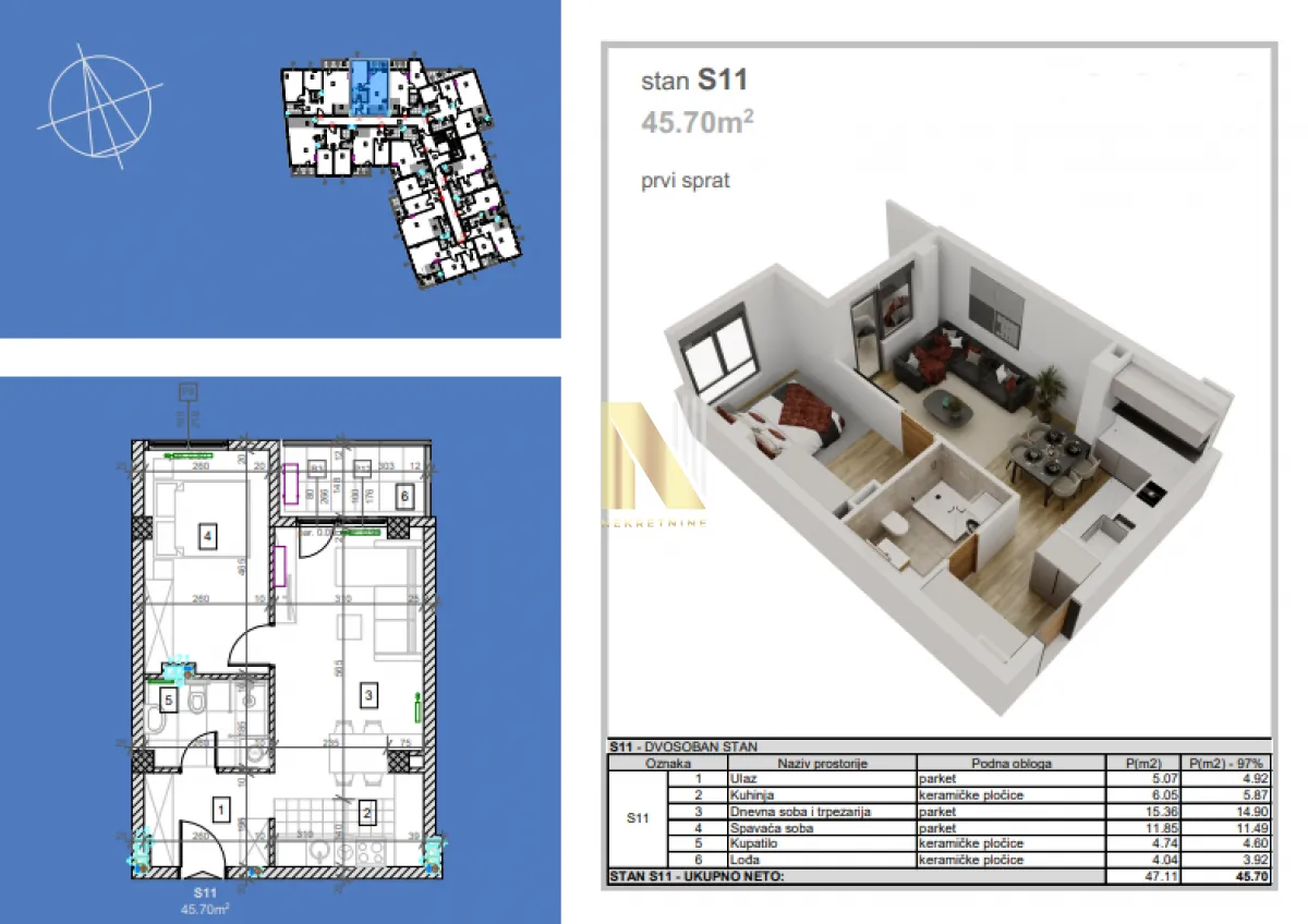 Prodaja, dvosoban stan, 46m², Salajka, Novi Sad Sve Podlokacije