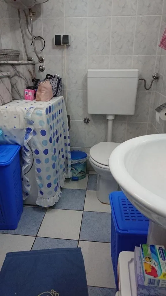 View of the bathroom with a washbasin, toilet, and washing machine.