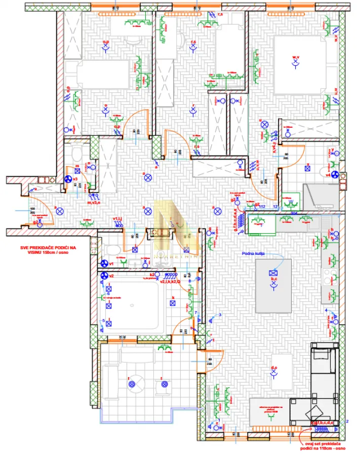 Detaljan plan stana sa rasporedom prostorija i elektro instalacijama.