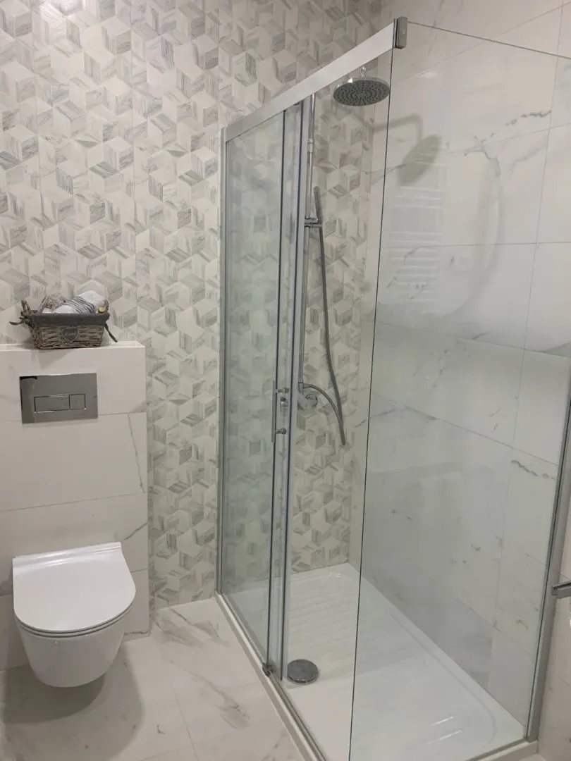 Modern bathroom with a walk-in shower and a wall-mounted toilet.