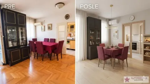 View of the dining room before and after renovation with new flooring and furniture. - image 16