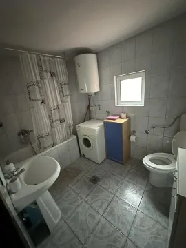 Bathroom equipped with a bathtub, sink, toilet, and washing machine. - image 12