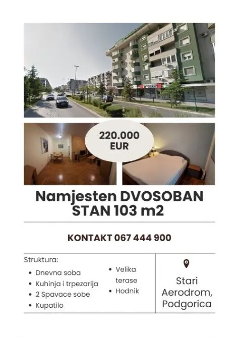 Prodaja, dvosoban stan, 103m², Stari Aerodrom, Podgorica