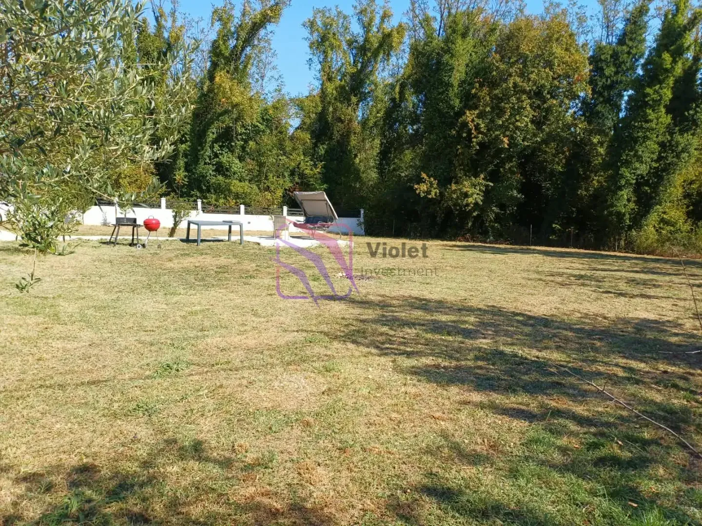 Spacious grassy yard with trees and outdoor seating.