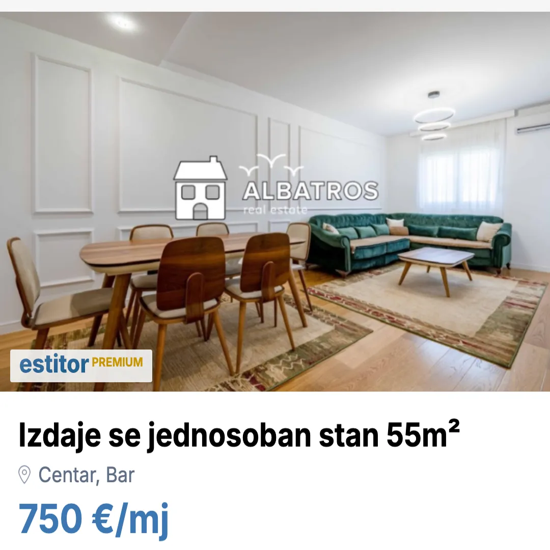 Izdavanje, jednosoban stan, 55m², Centar, Bar