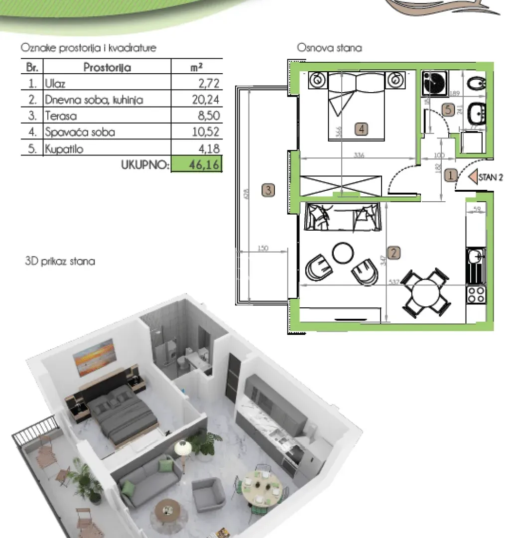 Prodaja, jednosoban stan, 46m², Dobrota, Kotor