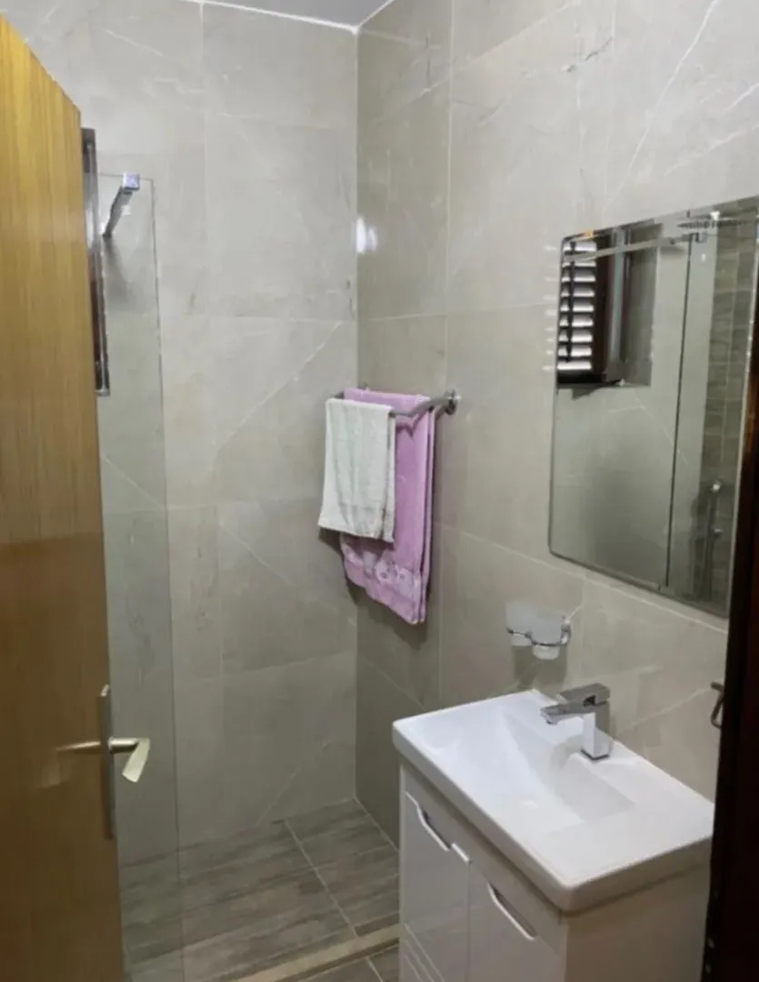 Small bathroom with a sink, mirror, and walk-in shower.