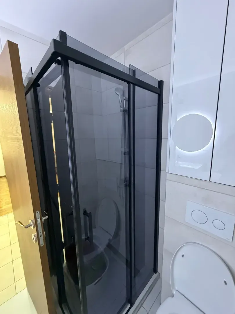 Modern bathroom featuring a dark glass shower cabin and built-in sanitaryware.