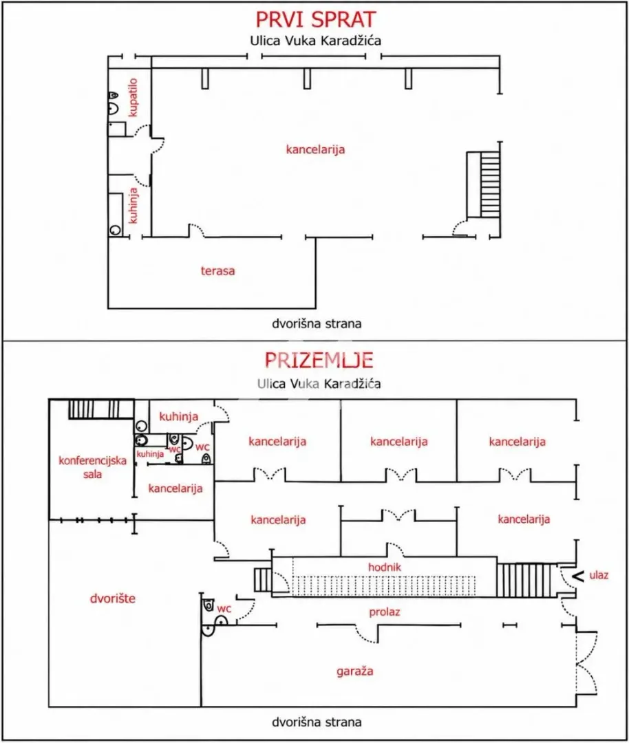 Floor plan of the ground floor and first floor of the building with room layouts.
