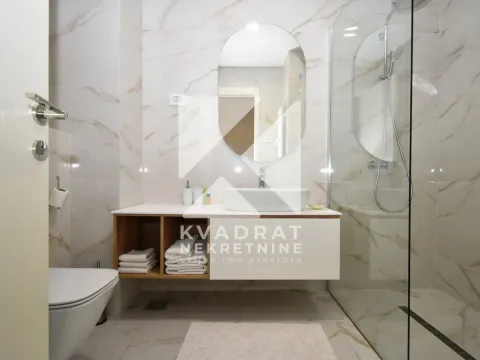 Modern bathroom with a sink, mirror, toilet, and walk-in shower. - image 8