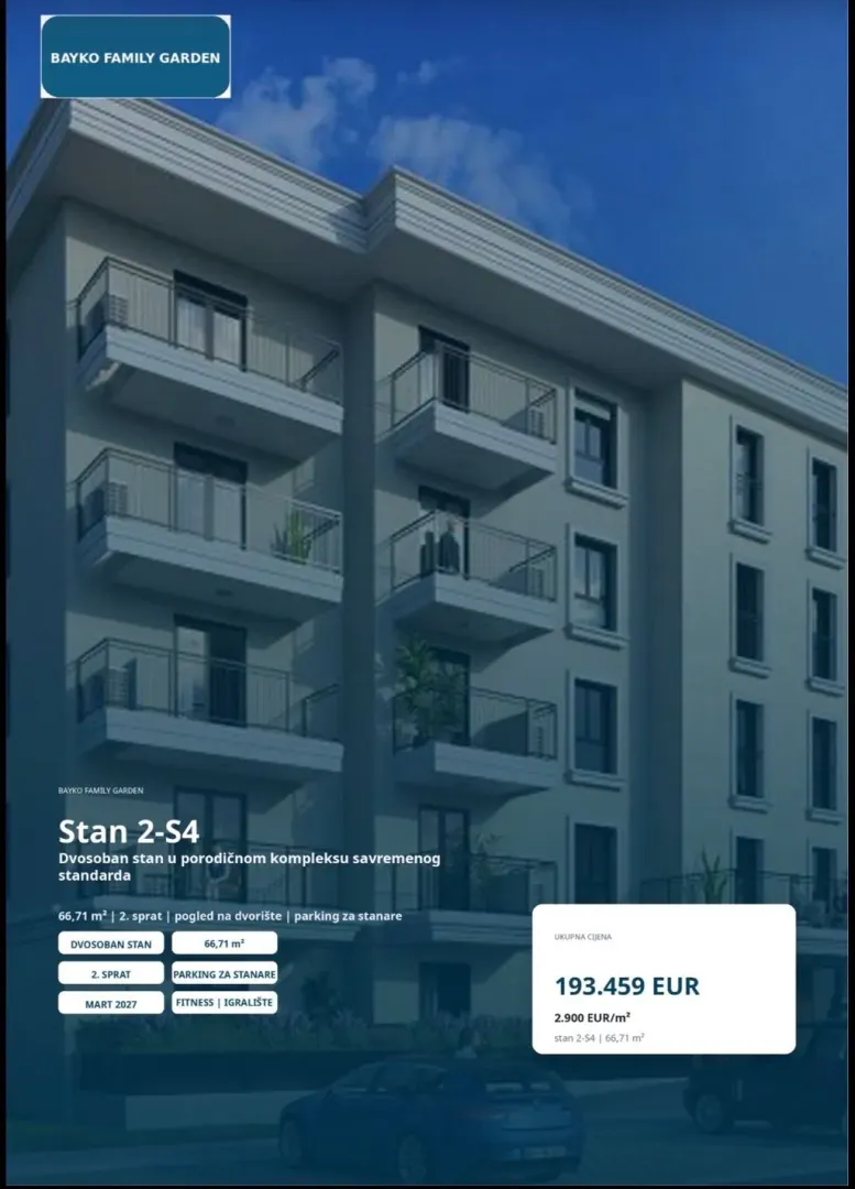 Spoljašnji izgled moderne stambene zgrade sa terasama.