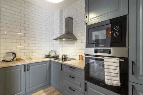 Modern kitchen with grey cabinets and built-in appliances. - image 3