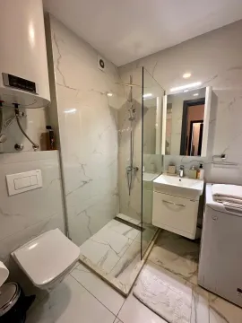 Modern bathroom with a walk-in shower, washbasin, and toilet. - image 17