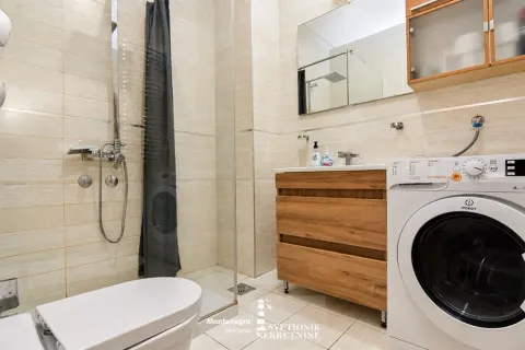 Savremeno opremljeno kupatilo sa tuš kabinom, umivaonikom i veš mašinom. - image 5