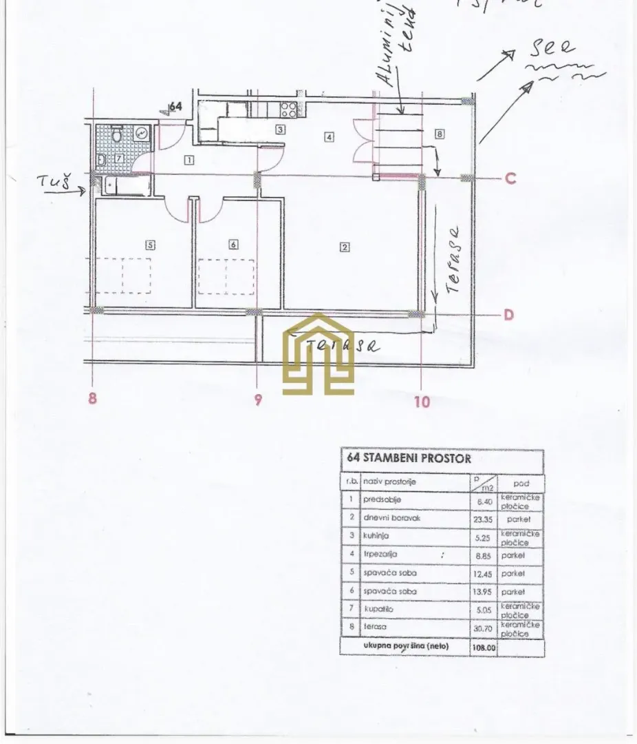 Osnovna skica i plan stana sa upisanim prostorijama i kvadraturom.