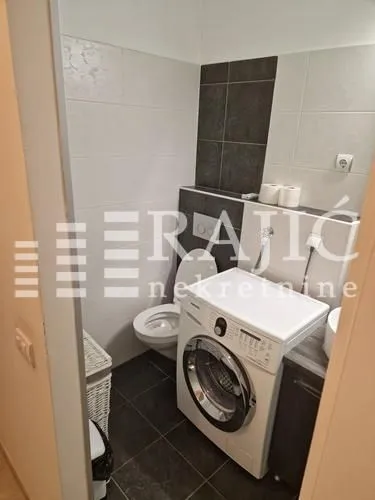 Smaller bathroom with toilet and washing machine.